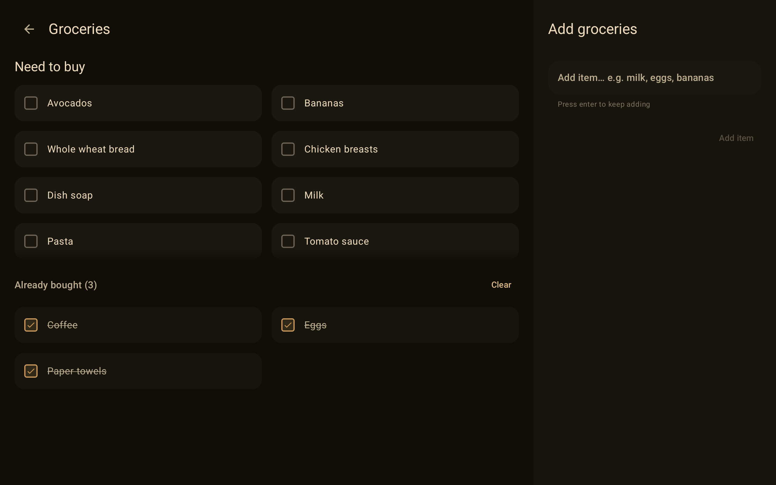 HomeDash groceries view with shared shopping items and add groceries panel