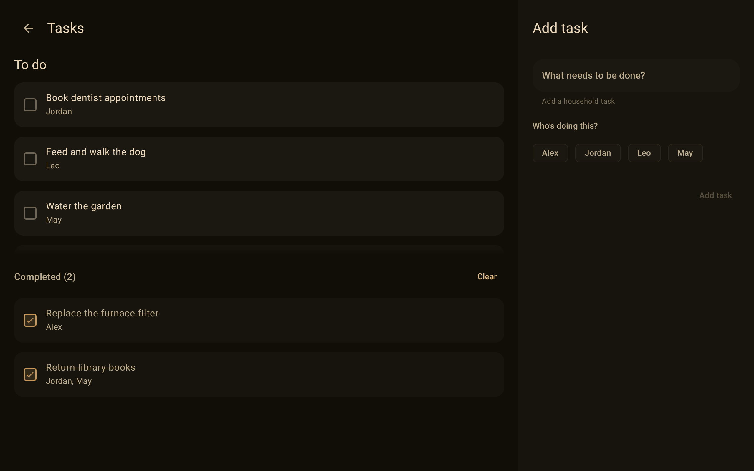 HomeDash tasks view with assigned household tasks and add task panel